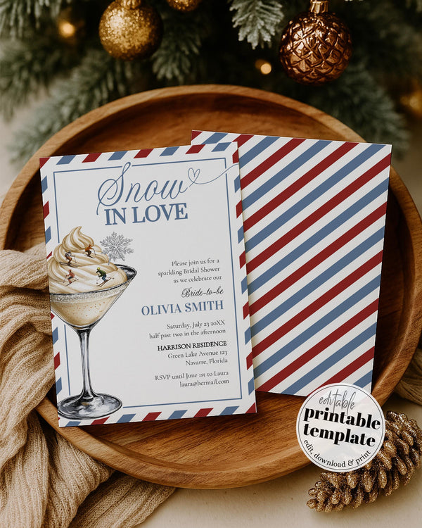 Snow in Love Bridal Shower Invitation Template with Aprés Ski Martini for a Winter Bridal Shower in December before Christmas #072 - TheLovebirdsDesign