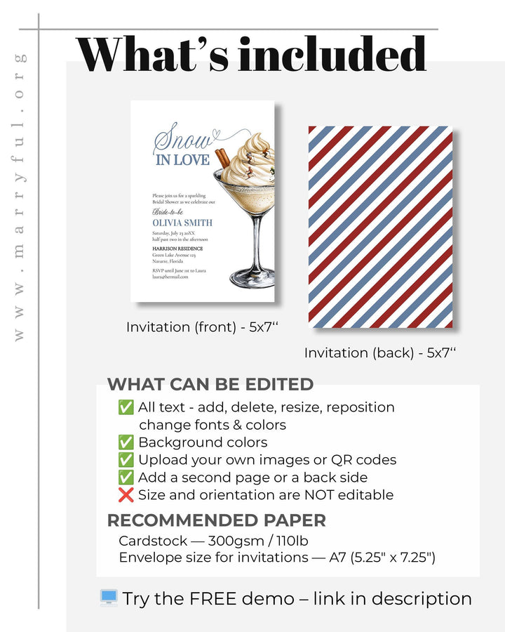 Winter Bridal Shower Invitation Template Aprés Ski Martini Cocktail for a Winter Snow in Love Bridal Shower in December #072 - TheLovebirdsDesign