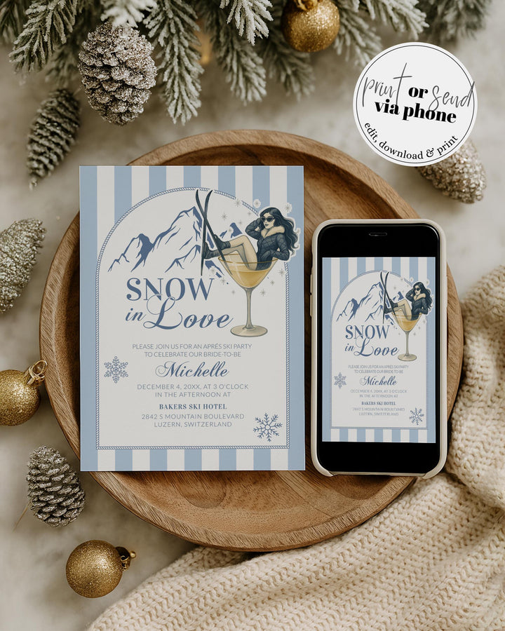 Apres Ski Bridal Shower Invitation for Winter Bridal Party in Mountains Cocktail Glass Skiing Invite Template #072 - TheLovebirdsDesign