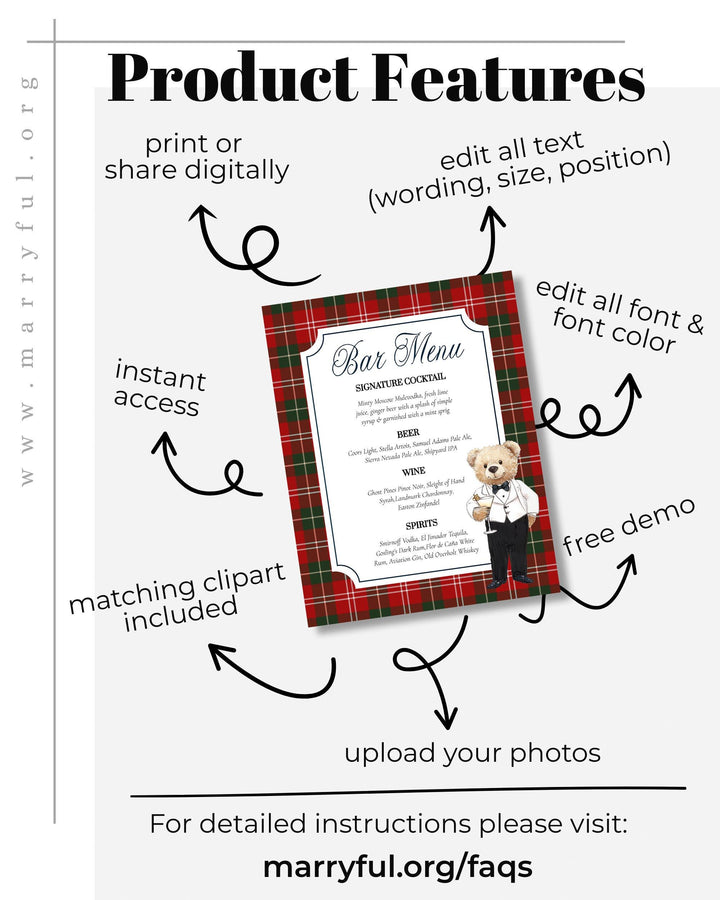 Christmas Teddy Bear Bar Menu Template: Vintage Cocktail Party Decor (Digital Download) #068ch - TheLovebirdsDesign