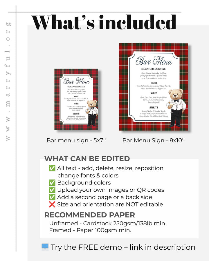 Christmas Teddy Bear Bar Menu Template: Vintage Cocktail Party Decor (Digital Download) #068ch - TheLovebirdsDesign
