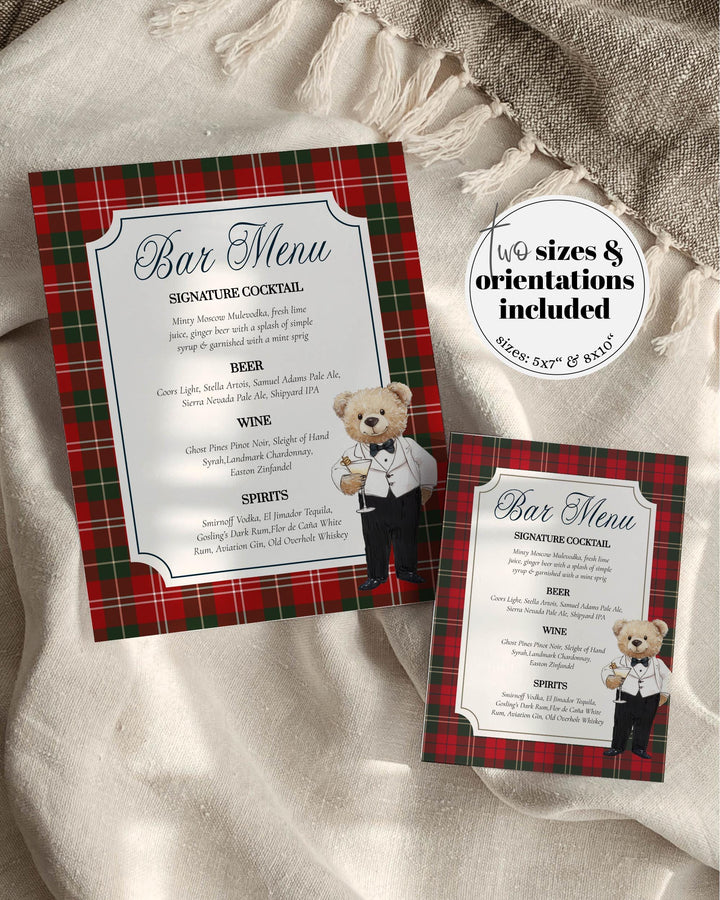 Christmas Teddy Bear Bar Menu Template: Vintage Cocktail Party Decor (Digital Download) #068ch - TheLovebirdsDesign