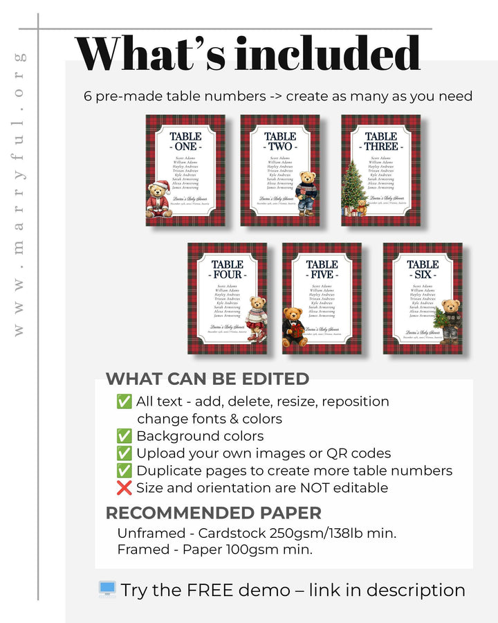 Christmas Teddy Bear Seating Cards Template: Red Plaid Winter Baby Shower (Digital Download) #068ch - TheLovebirdsDesign