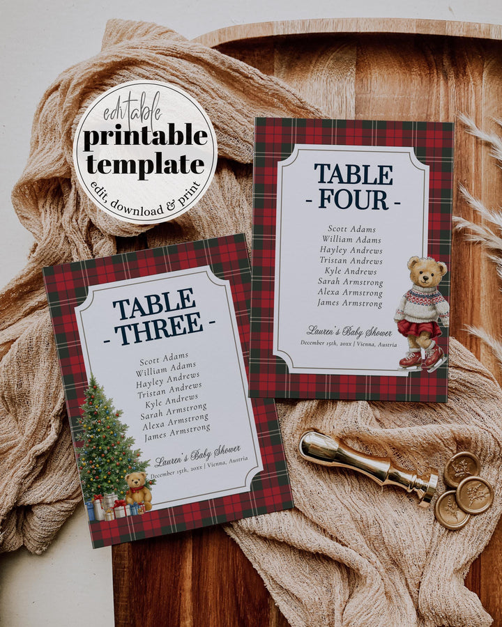 Christmas Teddy Bear Seating Cards Template: Red Plaid Winter Baby Shower (Digital Download) #068ch - TheLovebirdsDesign