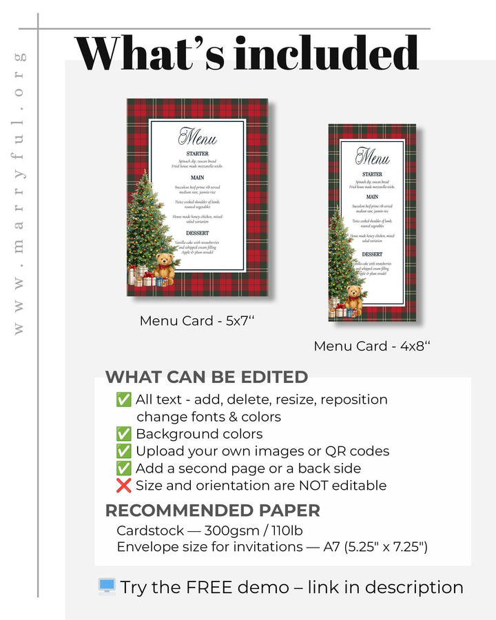 Christmas Bear Baby Shower Menu Template: Vintage Teddy Bear (Digital Download) #068ch - TheLovebirdsDesign