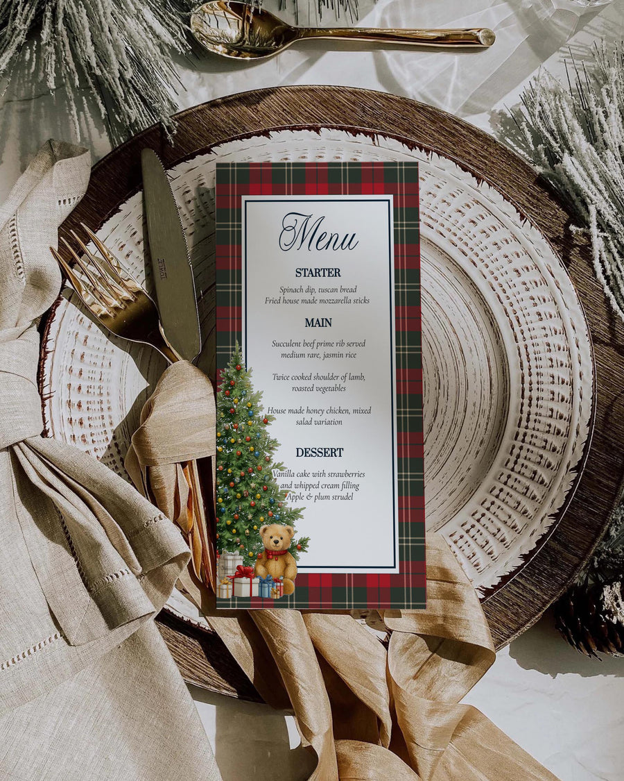 Christmas Bear Baby Shower Menu Vintage Teddy Bear Winter Holiday Party Printable Template 068CH-MENU - marryful.org