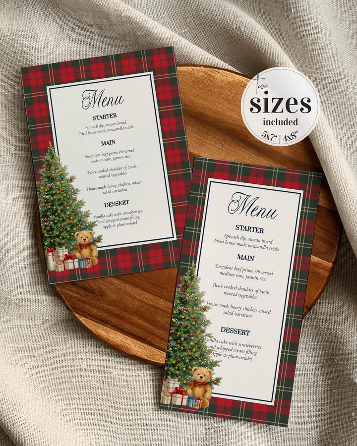 Christmas Bear Baby Shower Menu Template: Vintage Teddy Bear (Digital Download) #068ch - TheLovebirdsDesign