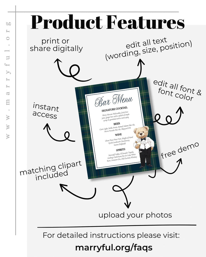 Vintage Polo Teddy Bear Bar Menu Sign Template (Digital Download) #068rl - TheLovebirdsDesign