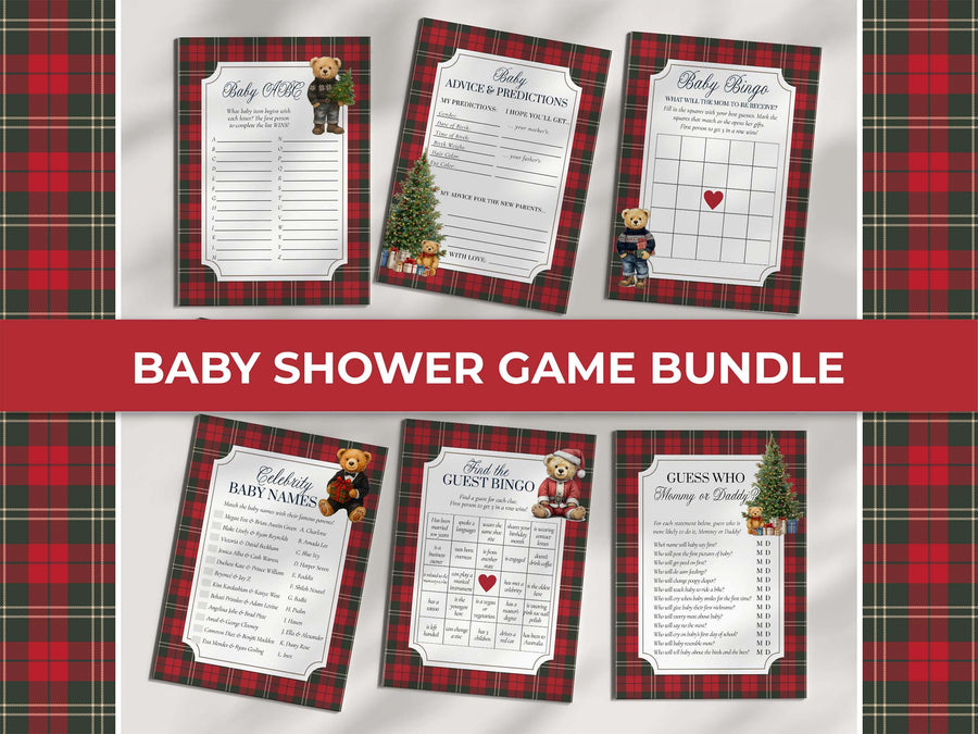 Christmas Teddy Bear Baby Shower Games Bundle, Red Green Winter Theme Printable 068CH-BSGAMEB - marryful.org
