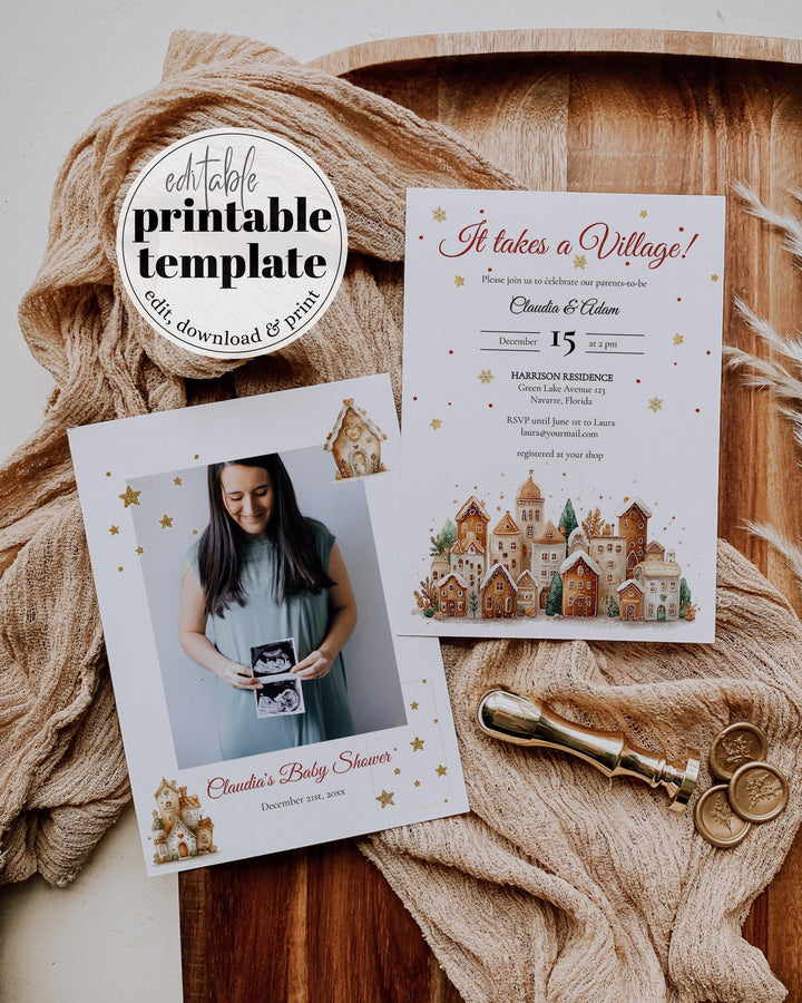 Christmas Baby Shower Invitation Suite for an It takes a Village Baby Shower with Gingerbread Houses Gender Neutral Editable Template #072 - TheLovebirdsDesign