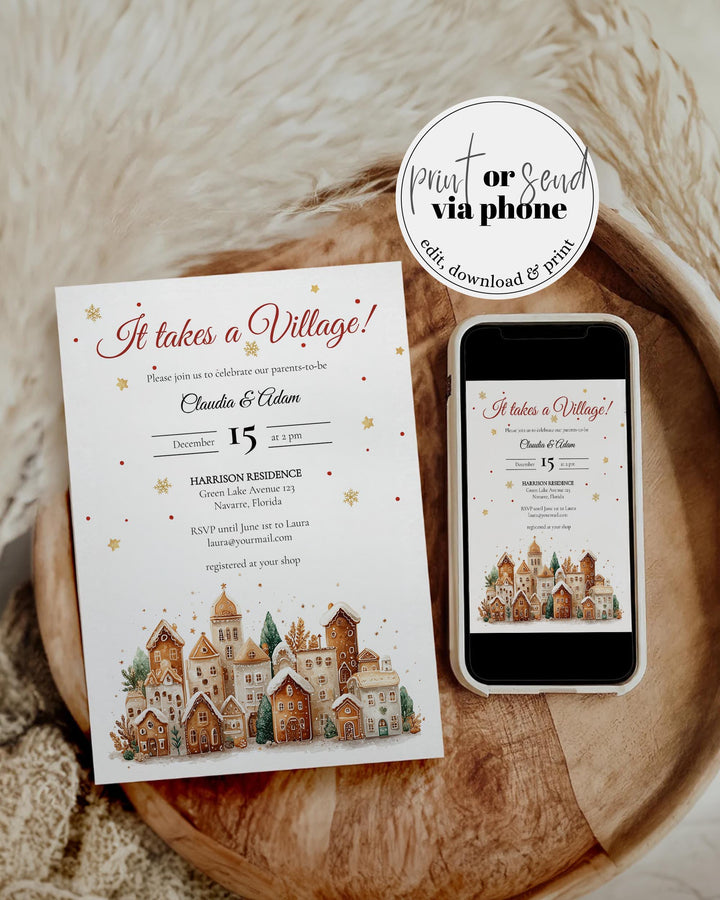 Christmas Baby Shower Invitation Suite for an It takes a Village Baby Shower with Gingerbread Houses Gender Neutral Editable Template #072 - TheLovebirdsDesign