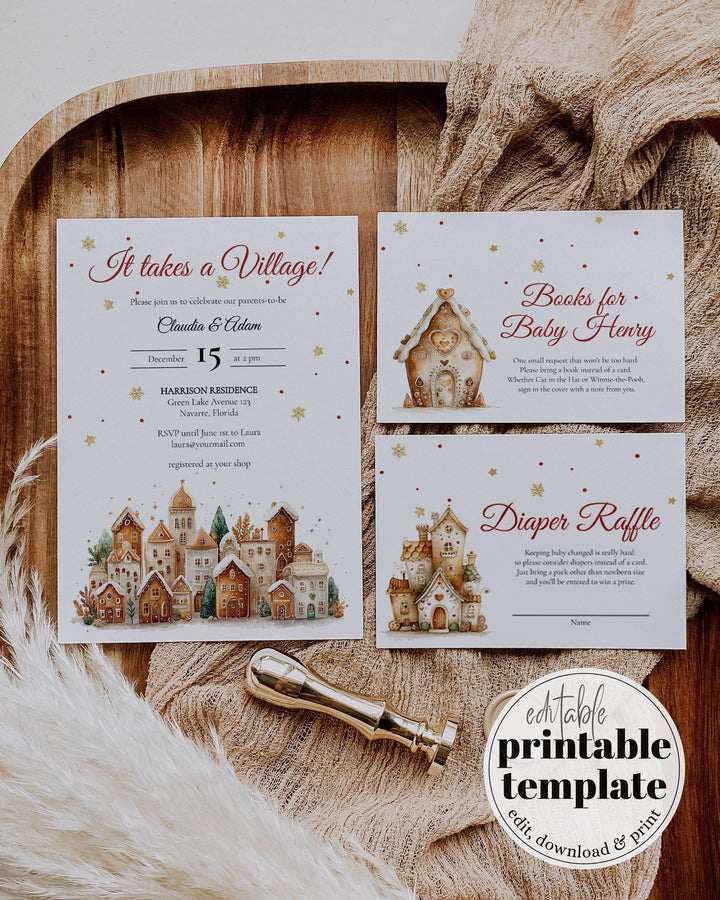 Christmas Baby Shower Invitation Suite for an It takes a Village Baby Shower with Gingerbread Houses Gender Neutral Editable Template #072 - TheLovebirdsDesign