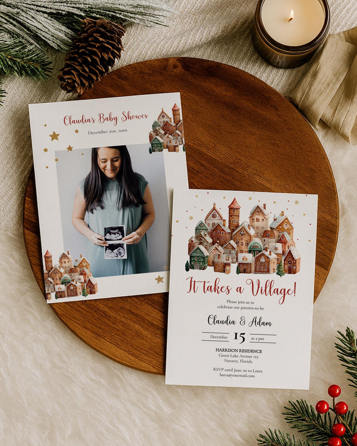 Winter Baby Shower Invitation It Takes a Village Baby Shower Invite Template for December Nesting Party Boys or Girls #072 - TheLovebirdsDesign