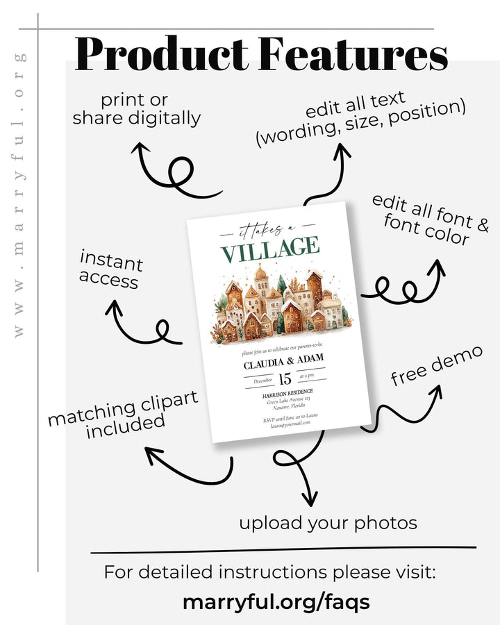 It takes a Village Baby Shower Invitation Template with Gingerbread Houses for a Christmas Baby Party in December #072 - TheLovebirdsDesign