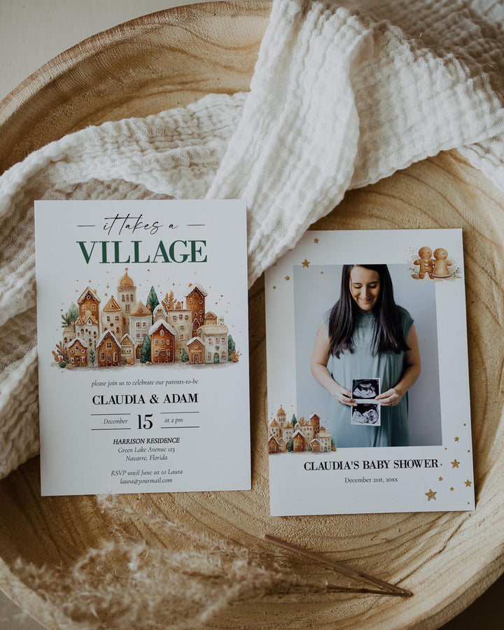 It takes a Village Baby Shower Invitation Template with Gingerbread Houses for a Christmas Baby Party in December #072 - TheLovebirdsDesign