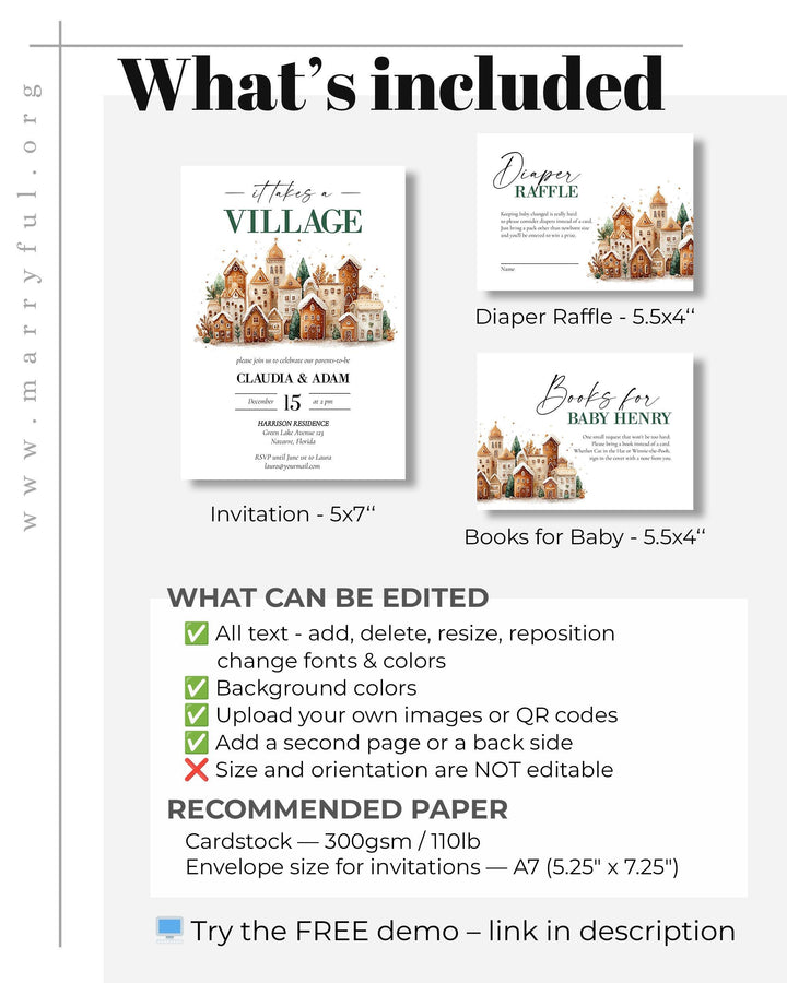 It takes a Village Baby Shower Invitation Template with Gingerbread Houses for a Christmas Baby Party in December #072 - TheLovebirdsDesign