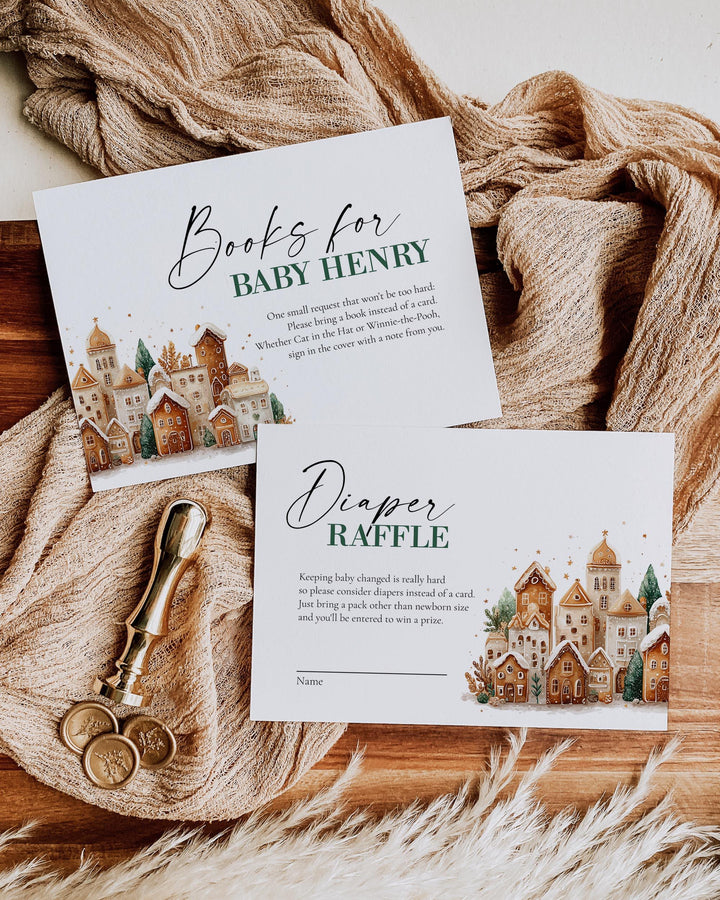 It takes a Village Baby Shower Invitation Template with Gingerbread Houses for a Christmas Baby Party in December #072 - TheLovebirdsDesign