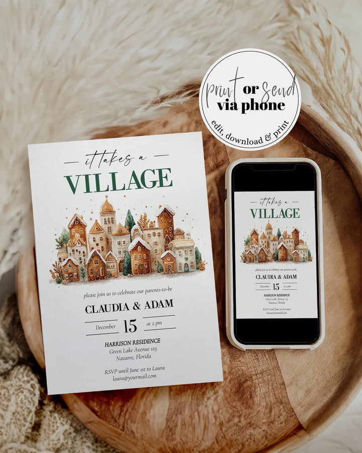 It takes a Village Baby Shower Invitation Template with Gingerbread Houses for a Christmas Baby Party in December #072 - TheLovebirdsDesign