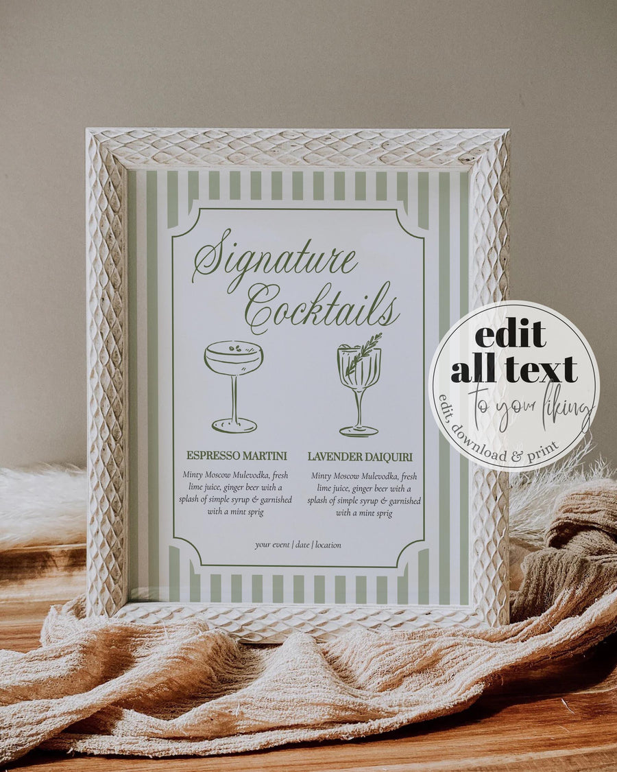 Sage Green Signature Cocktail Menu Template, Vintage Dinner Party Bar Sign 069GR-BAME - marryful.org