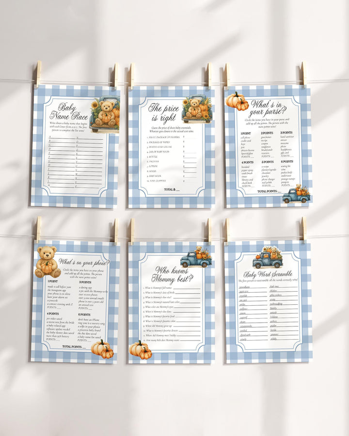 Fall Pumpkin Bear on Truck Baby Shower Game Bundle for Boys Thanksgiving Baby Party Printable Games Templates #068pu - TheLovebirdsDesign