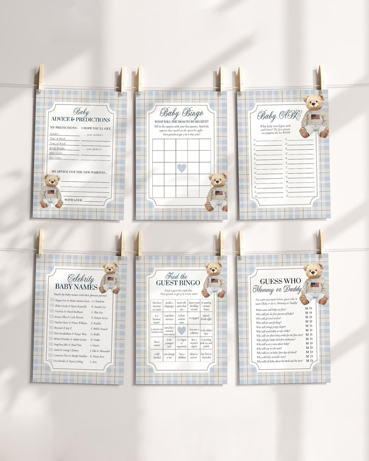 Blue Polo Teddy Bear Baby Shower Game Bundle for Boys Luxury Bear Baby Shower Editable Printable Game Templates #068bl - TheLovebirdsDesign