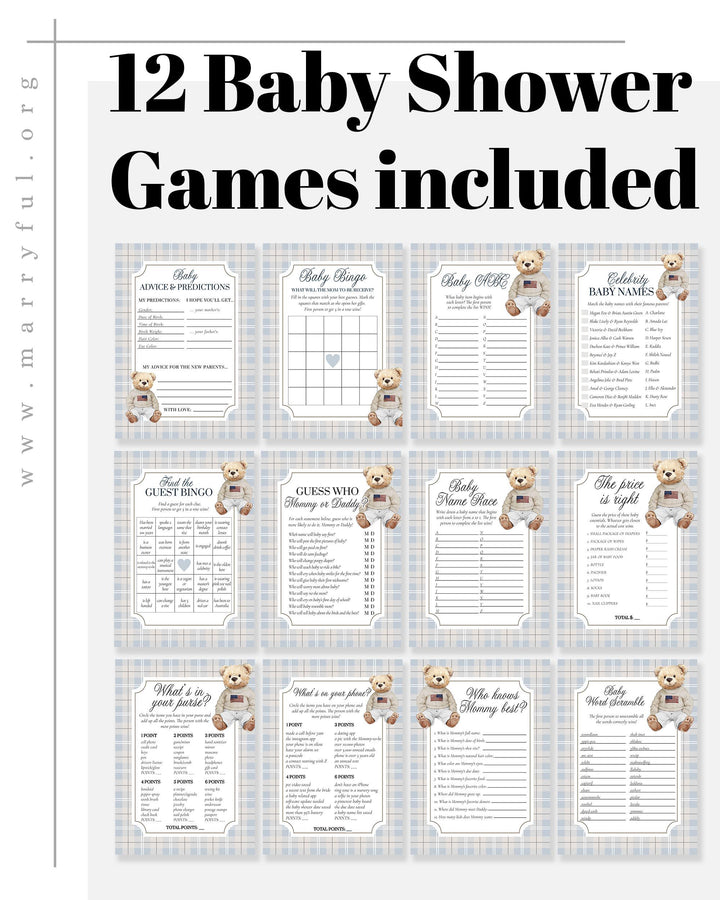 Blue Polo Teddy Bear Baby Shower Game Bundle for Boys Luxury Bear Baby Shower Editable Printable Game Templates #068bl - TheLovebirdsDesign