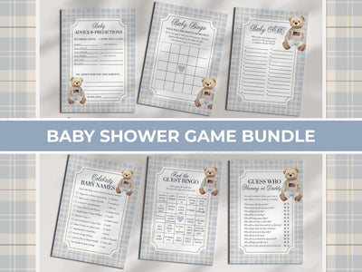 Preppy Teddy Baby Shower Games Bundle Template, Blue Bear Theme Printable Set 068BL-BSGAMEB - marryful.org
