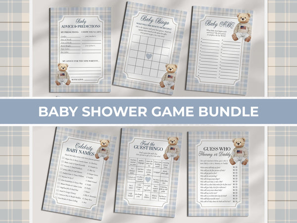 Blue Polo Teddy Bear Baby Shower Game Bundle for Boys Luxury Bear Baby Shower Editable Printable Game Templates #068bl - TheLovebirdsDesign