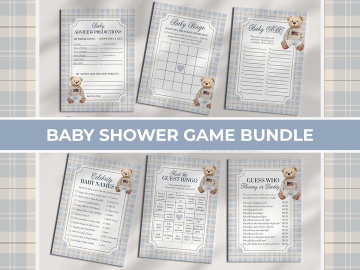 Blue Polo Teddy Bear Baby Shower Game Bundle for Boys Luxury Bear Baby Shower Editable Printable Game Templates #068bl - TheLovebirdsDesign