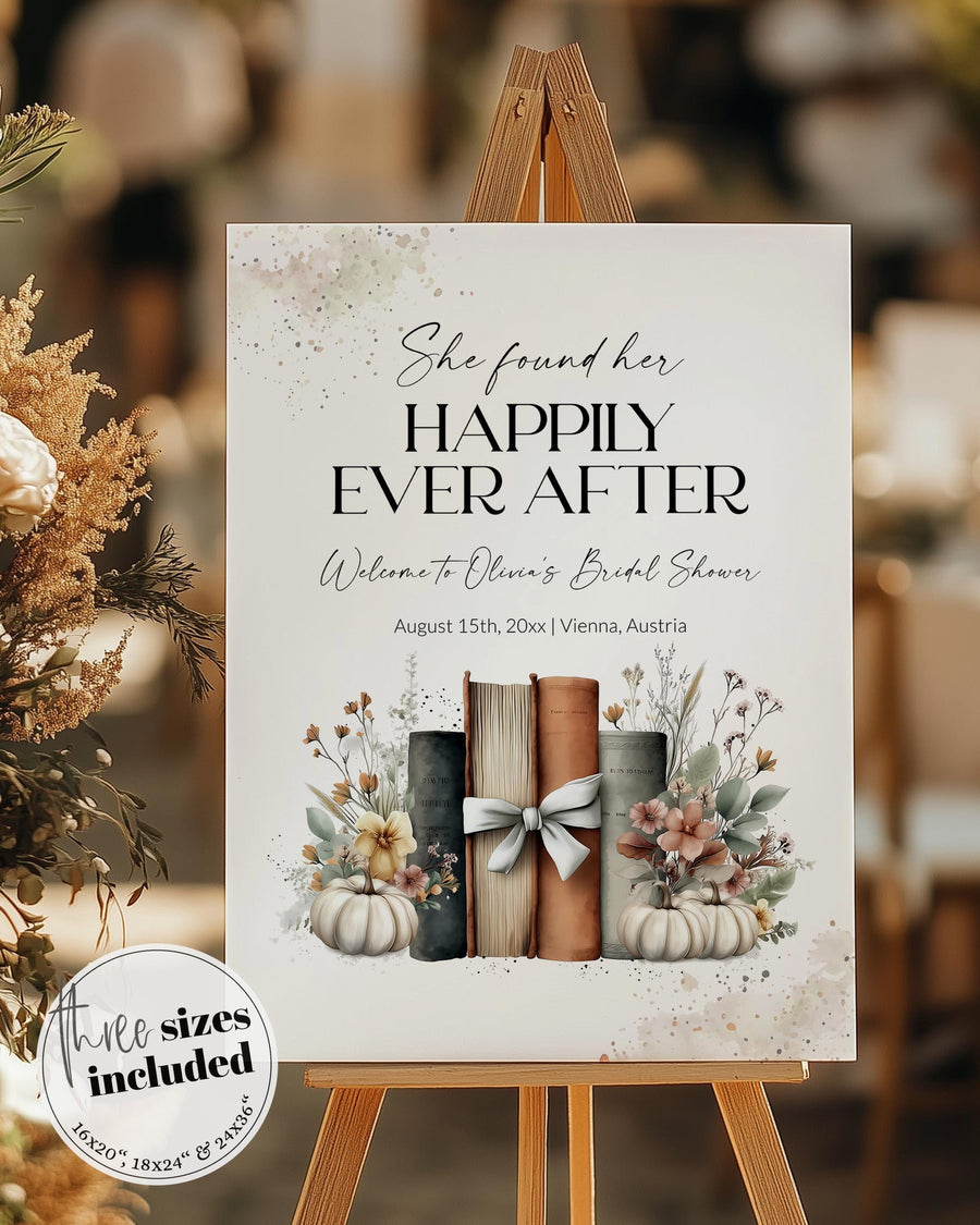 Book Bridal Shower Welcome Sign, Storybook Pumpkin Florals Vintage Boho Fall Decor Template 077FA-WLCM - marryful.org