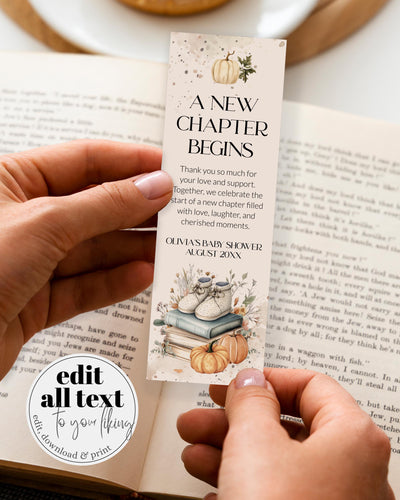 New Chapter Begins Baby Shower Bookmark Template, Storybook Pumpkin Book Favor 077FA-BOMA - marryful.org