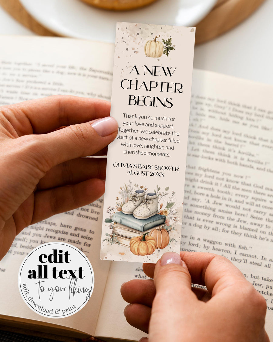 New Chapter Begins Baby Shower Bookmark Template, Storybook Pumpkin Book Favor 077FA-BOMA - marryful.org