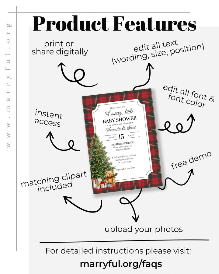 Christmas Bear Baby Shower Invitation Vintage Heritage Luxury Baby Shower Invite Template Teddy Bear Theme #068ch - TheLovebirdsDesign