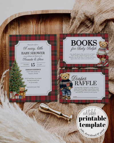 Christmas Bear Baby Shower Invitation Vintage Heritage Luxury Baby Shower Invite Template Teddy Bear Theme #068ch - TheLovebirdsDesign