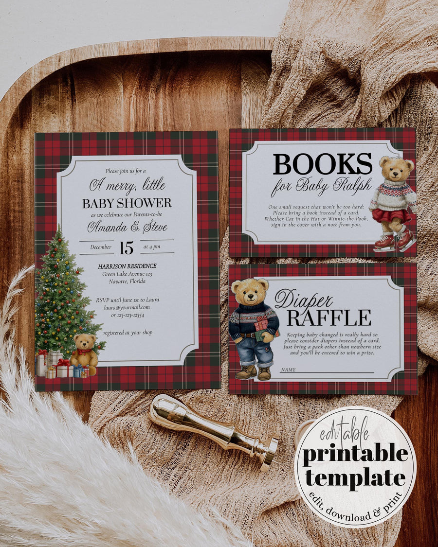 Christmas Teddy Bear Baby Shower Invitation Template, Vintage Christmas Tree Theme 068CH-BSINV - marryful.org