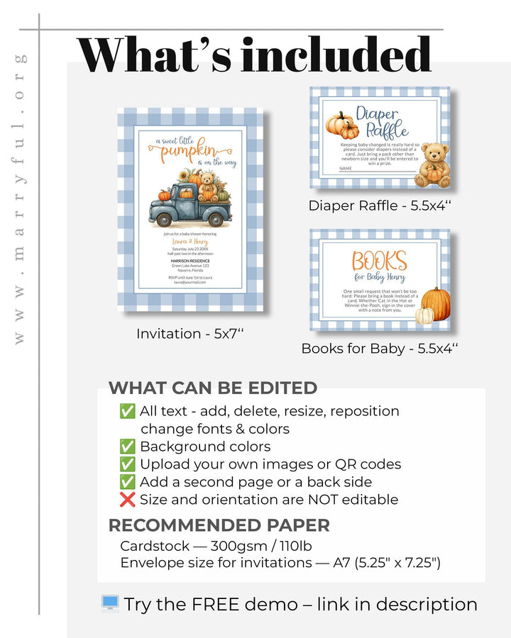 Fall Pumpkin Bear Baby Shower Invitation for Boys on a Truck – Thanksgiving Baby Shower Invite Template Blue Orange Teddy Bear Theme #068pu - TheLovebirdsDesign