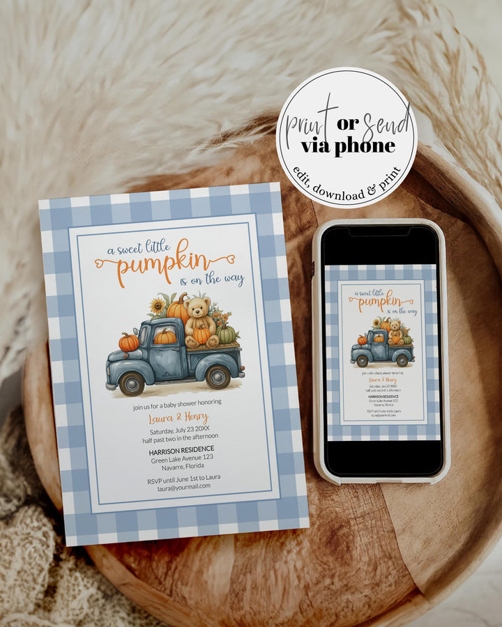 Fall Pumpkin Bear Baby Shower Invitation for Boys on a Truck – Thanksgiving Baby Shower Invite Template Blue Orange Teddy Bear Theme #068pu - TheLovebirdsDesign