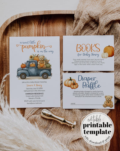 Fall Pumpkin Bear Baby Shower Invitation for Boys on a Truck – Thanksgiving Baby Shower Invite Template Teddy Bear Theme #068pu - TheLovebirdsDesign