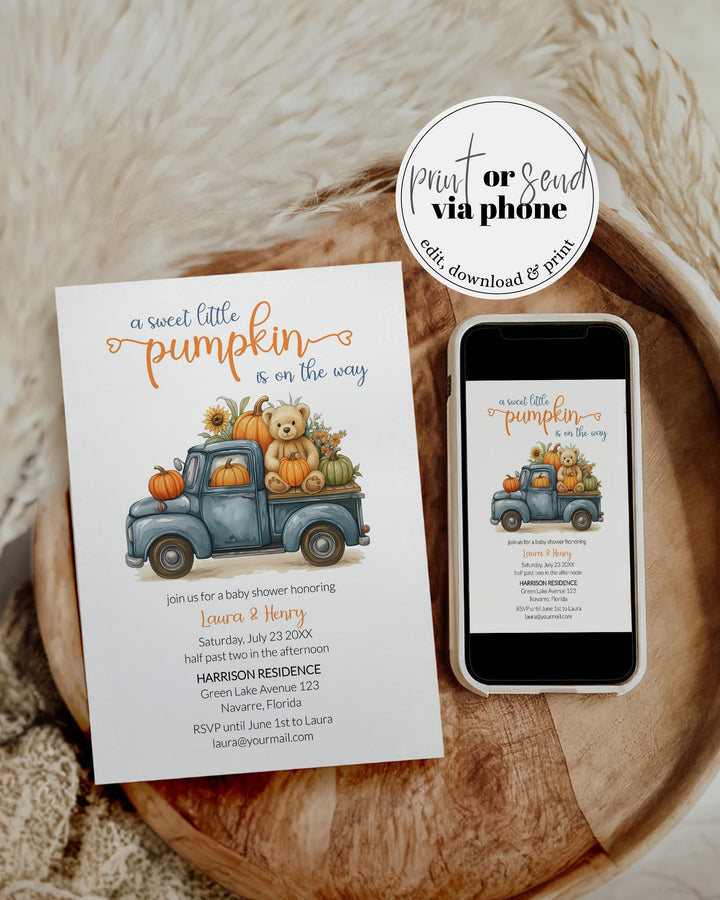 Fall Pumpkin Bear Baby Shower Invitation for Boys on a Truck – Thanksgiving Baby Shower Invite Template Teddy Bear Theme #068pu - TheLovebirdsDesign