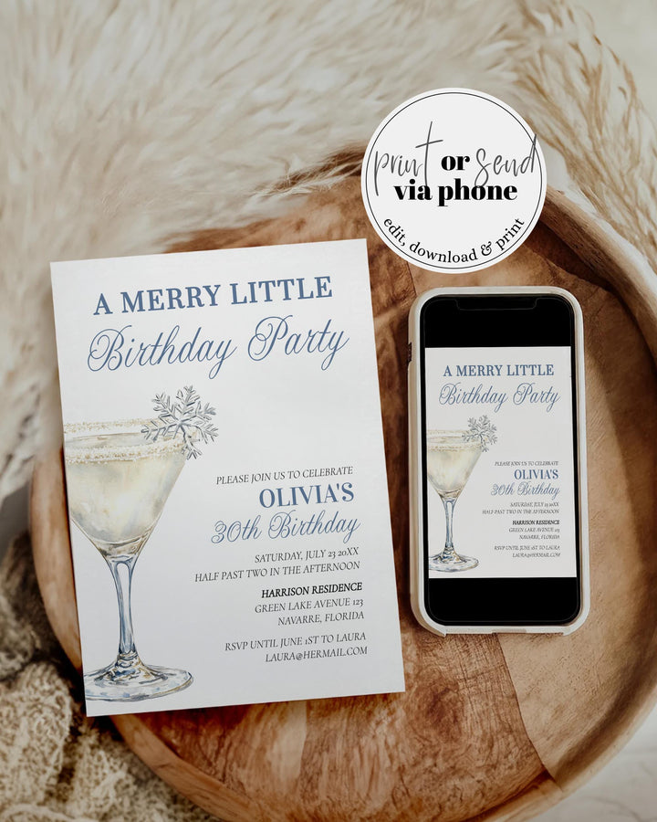 Merry Little Birthday Party Invitation Template with Winter Christmas Cocktail Theme Snow in Love Adult 30th Birthday Invite #072 - TheLovebirdsDesign