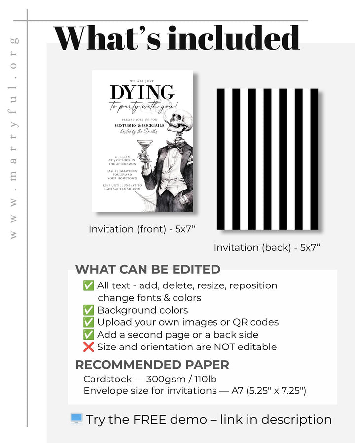 Halloween Party Invitation Template for Adults Featuring Vintage Style, Cocktails, and Costume Skeletons #072 - TheLovebirdsDesign