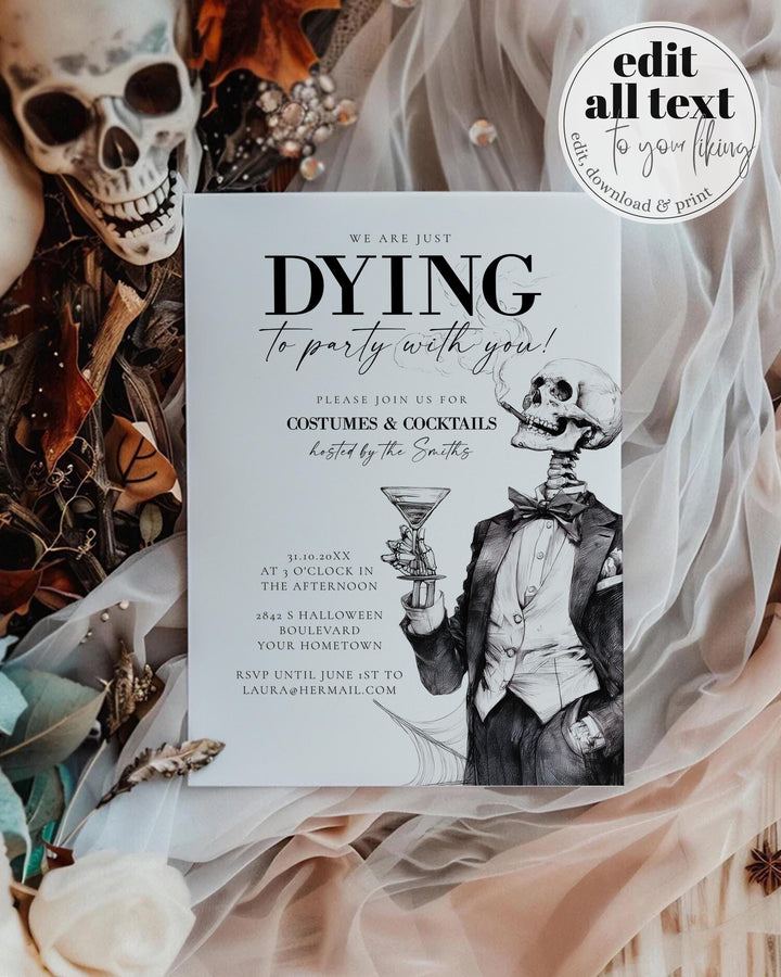Halloween Party Invitation Template for Adults Featuring Vintage Style, Cocktails, and Costume Skeletons #072 - TheLovebirdsDesign