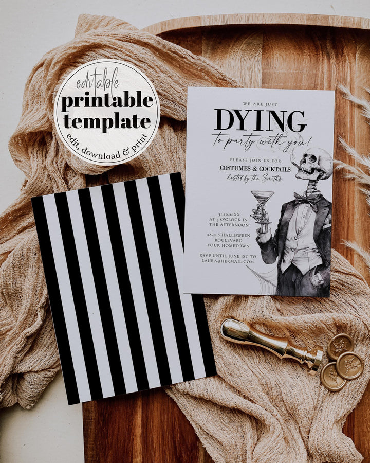 Halloween Party Invitation Template for Adults Featuring Vintage Style, Cocktails, and Costume Skeletons #072 - TheLovebirdsDesign