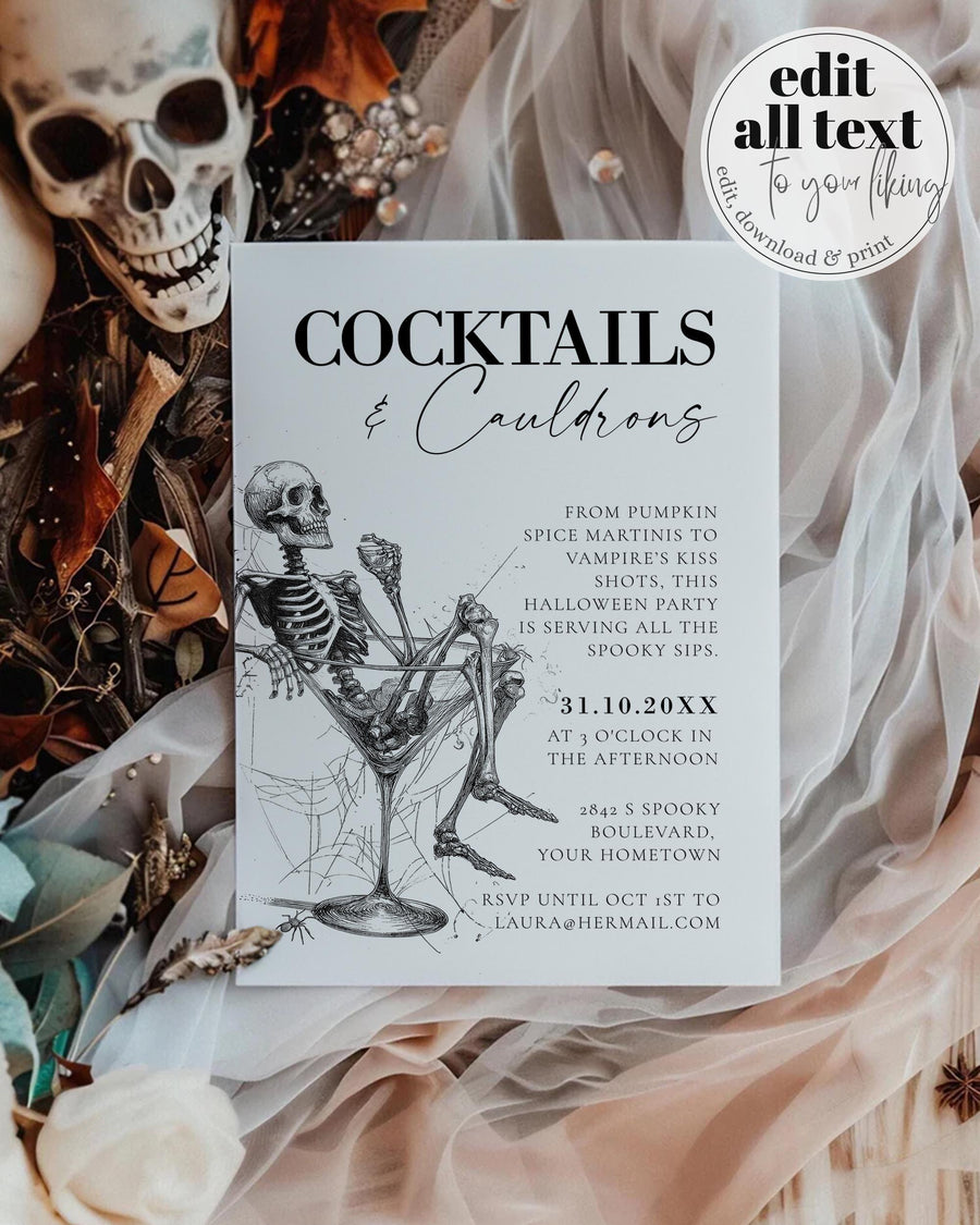 Cocktails and Cauldrons Invitation, Halloween Party Invite, Spooky Skeleton Martini Printable Editable Template 057HW-INV1