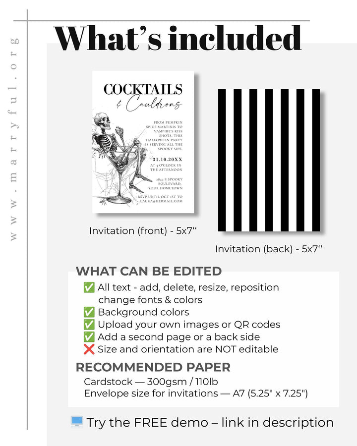 Adult Halloween Cocktail Party Invitation Template Vintage Gothic Halloween Costume Party Invite with Skeleton #072 - TheLovebirdsDesign