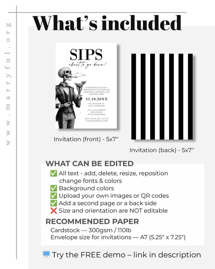Vintage Halloween Party Invitation Template for Adult Costume Celebration with Cocktails and Skeletons #072 - TheLovebirdsDesign