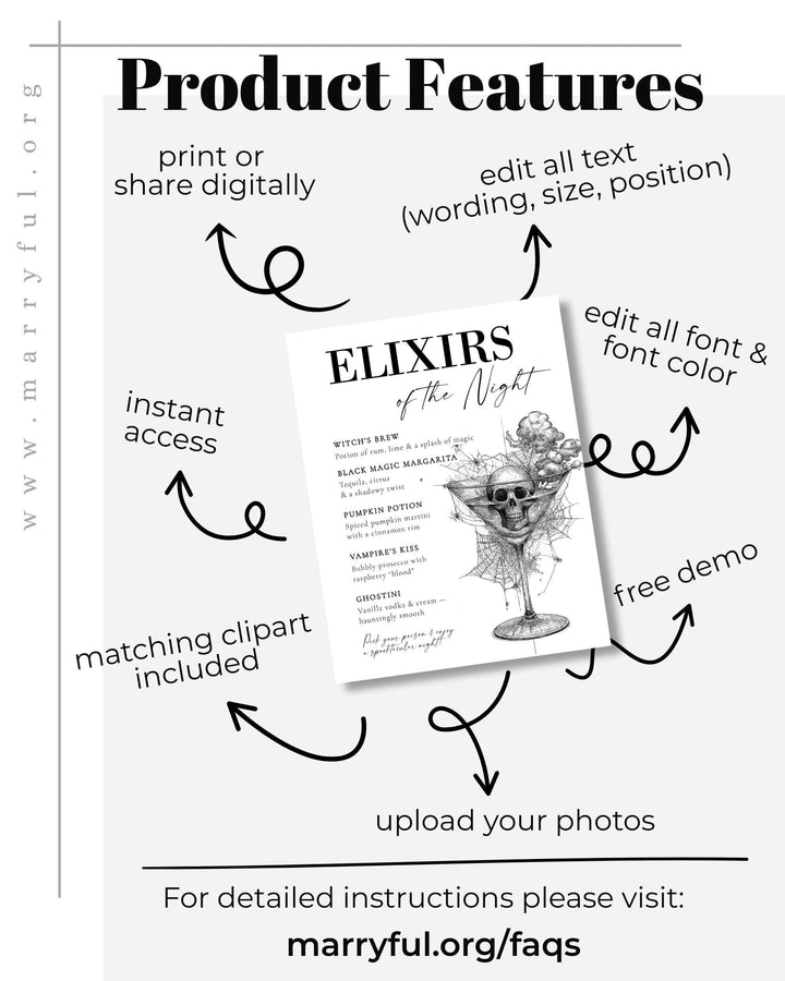 Skeleton Halloween Bar Menu Sign Template for Vintage Costume Party Gothic Halloween Cocktail Party Sign #072 - TheLovebirdsDesign