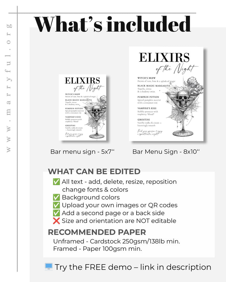 Skeleton Halloween Bar Menu Sign Template for Vintage Costume Party Gothic Halloween Cocktail Party Sign #072 - TheLovebirdsDesign