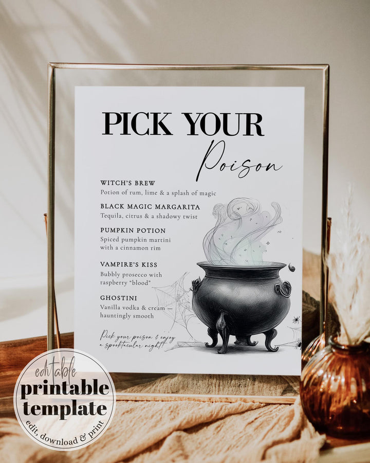 Halloween Cocktail Party Bar Menu Template Vintage Gothic Halloween Costume Party Sign with Skeleton #072 - TheLovebirdsDesign