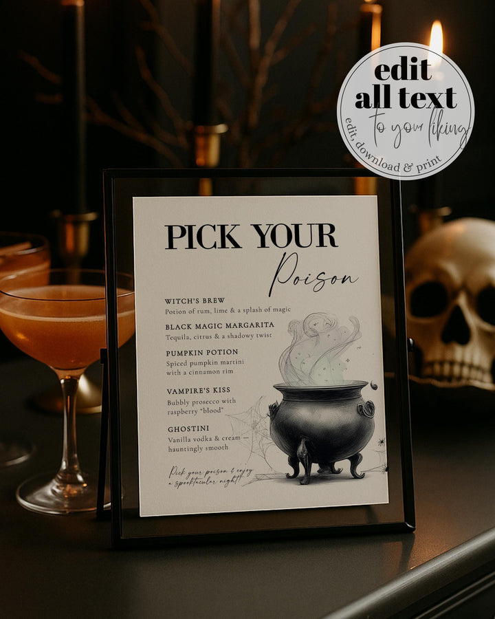 Halloween Cocktail Party Bar Menu Template Vintage Gothic Halloween Costume Party Sign with Skeleton #072 - TheLovebirdsDesign